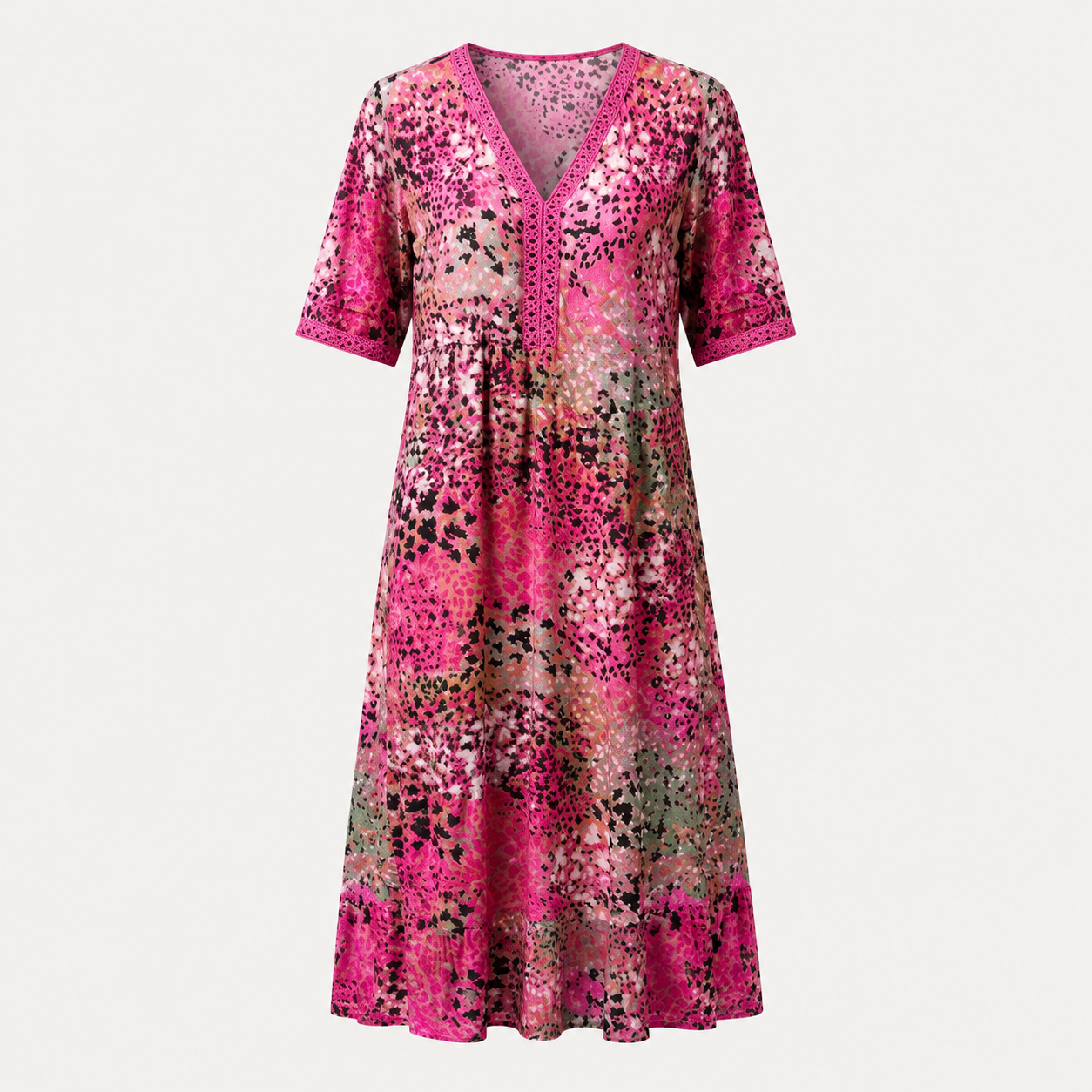 A short-sleeve V-neck midi dress with a vibrant pink and black abstract floral pattern, displayed on a clean, light off-white background.