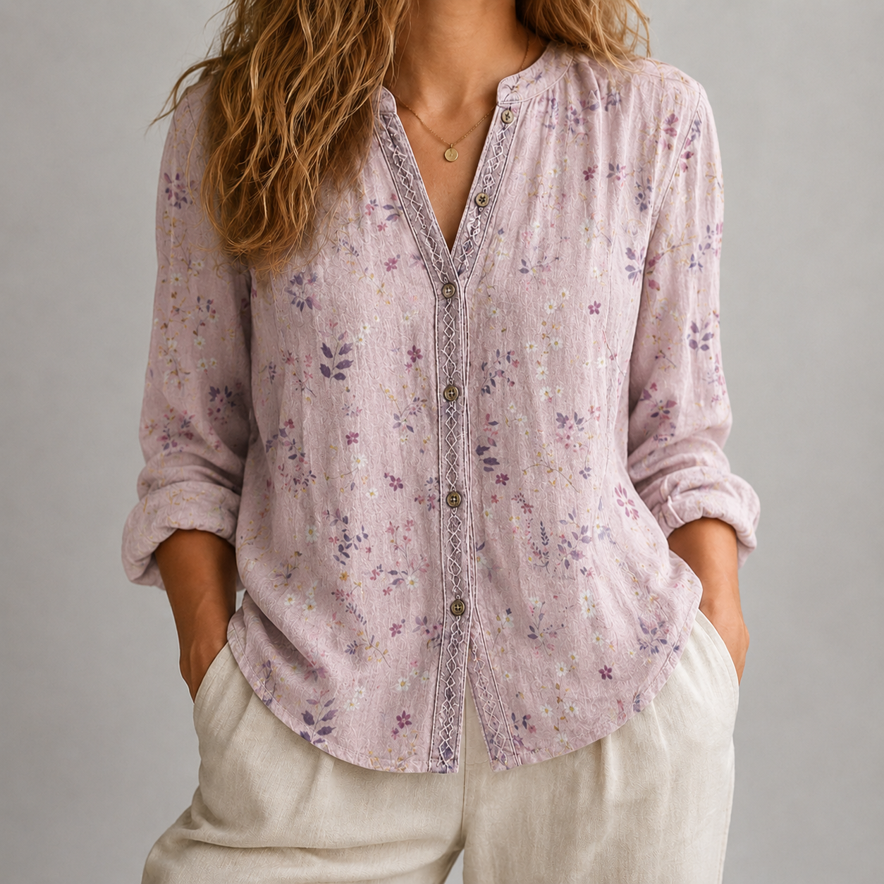 A woman wearing a light pink floral button-up blouse with lace trim and cream pants, photographed against a plain gray studio background.