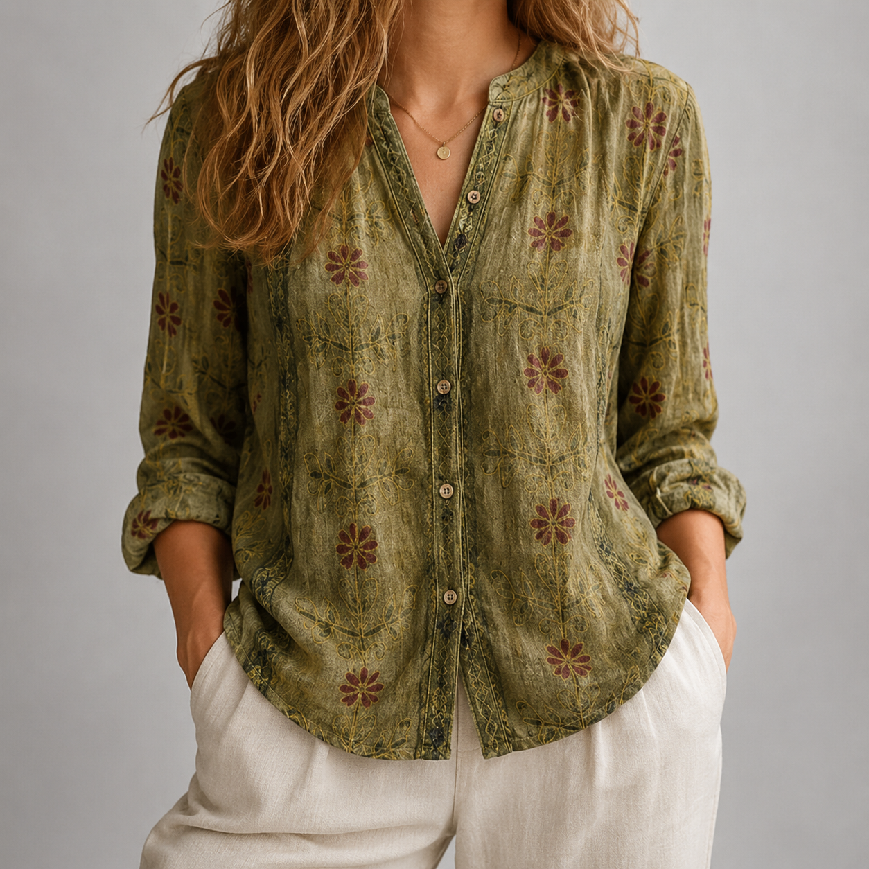 A woman wearing a textured olive green button-up blouse with a brown floral pattern, paired with white pants, shown from the chest down against a neutral gray background.