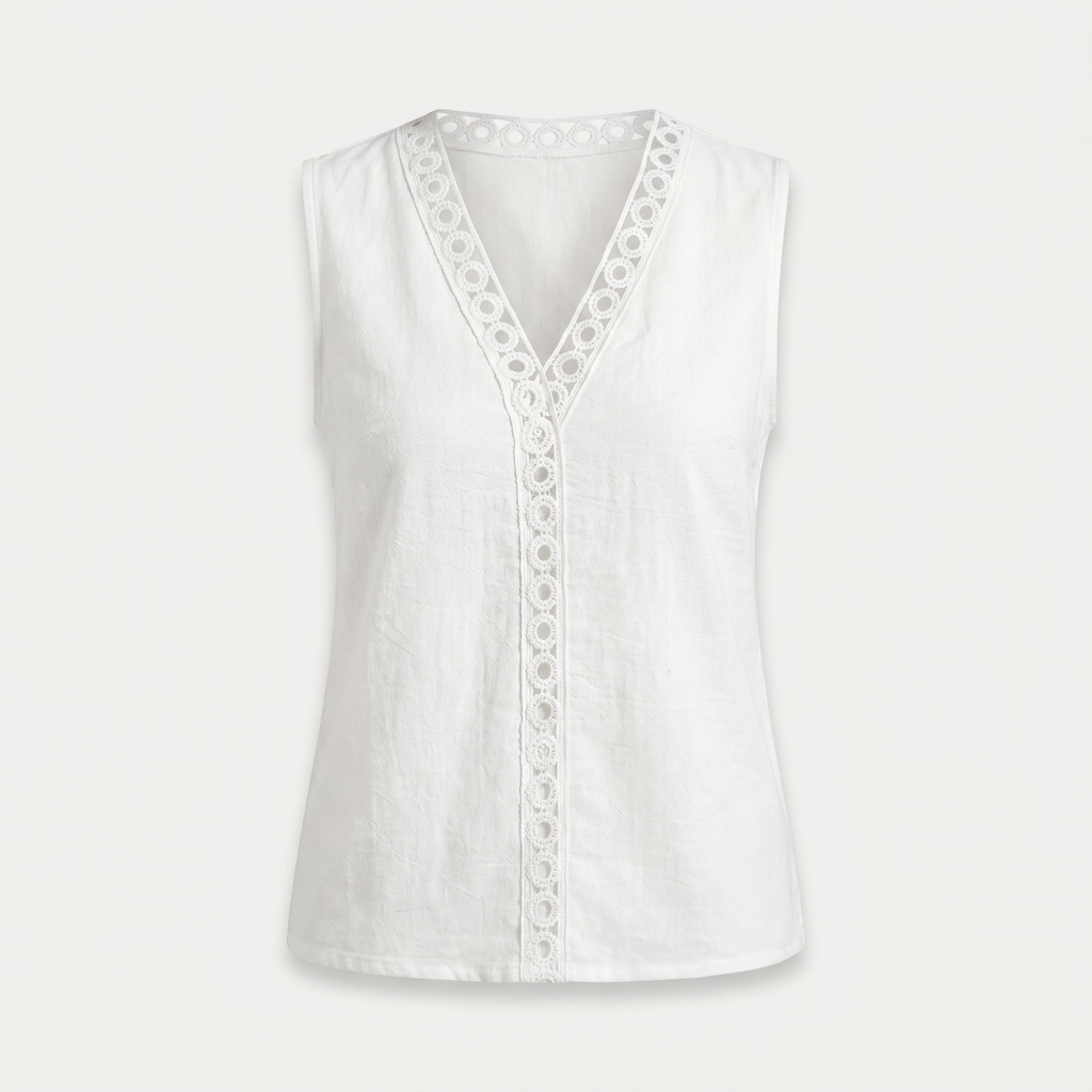 A white sleeveless V-neck top with a decorative eyelet lace trim along the neckline and down the center front, shown against a light gray background.
