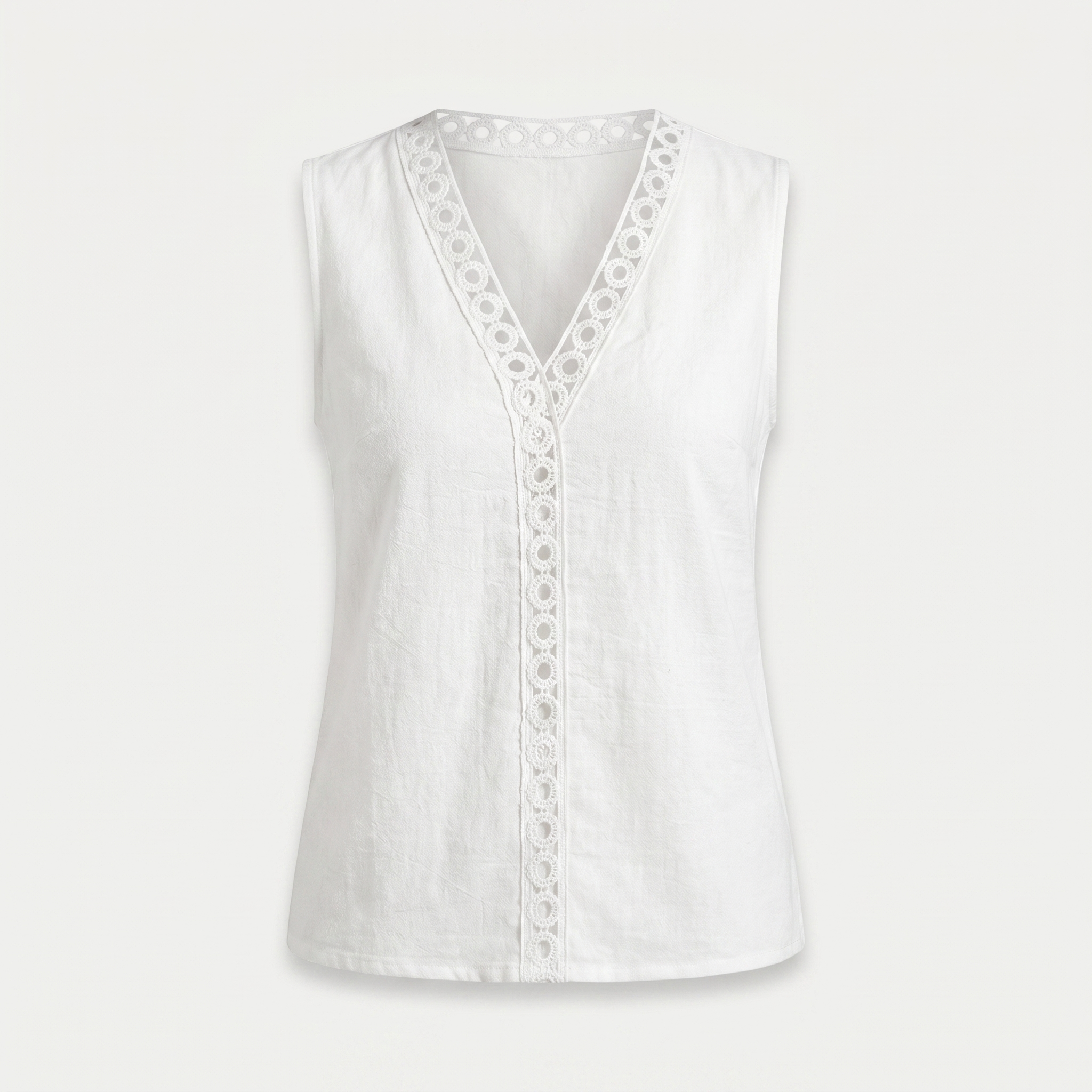 A white sleeveless V-neck top with a decorative eyelet lace trim along the neckline and down the center front, shown against a light gray background.