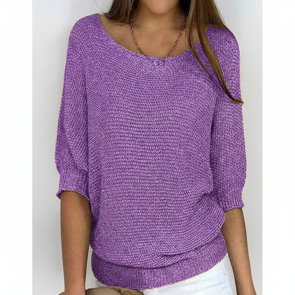 Purple relaxed-fit sweater with wide neckline, dolman sleeves, three-quarter gathered cuffs, and a ribbed hem.