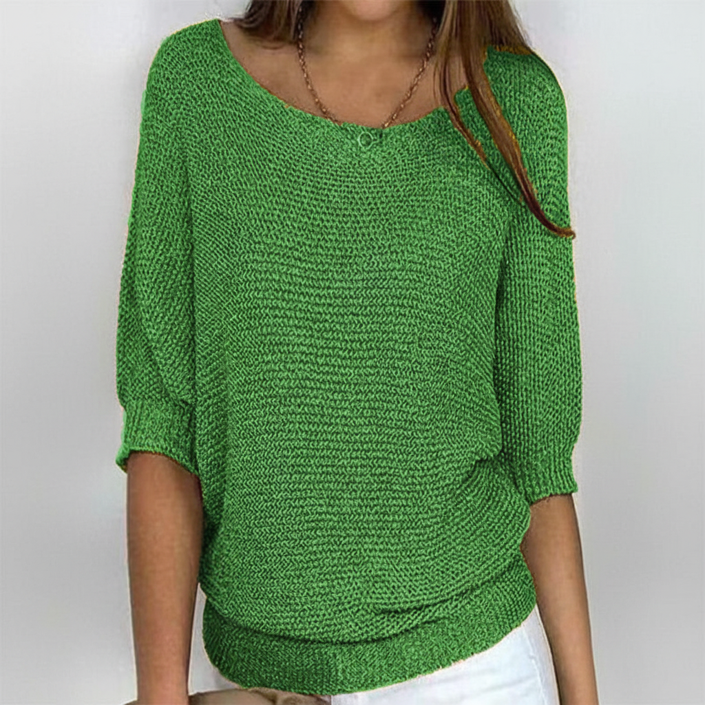 Green relaxed-fit sweater with a wide neckline, dolman sleeves, three-quarter gathered cuffs, and a ribbed hem.