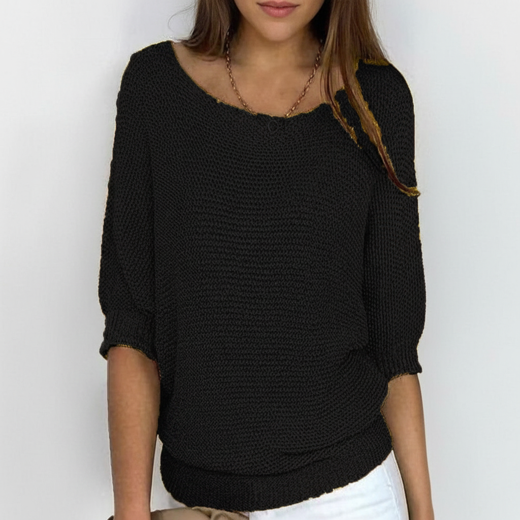 Black relaxed-fit sweater with a wide neckline, dolman sleeves, three-quarter gathered cuffs, and a ribbed hem.