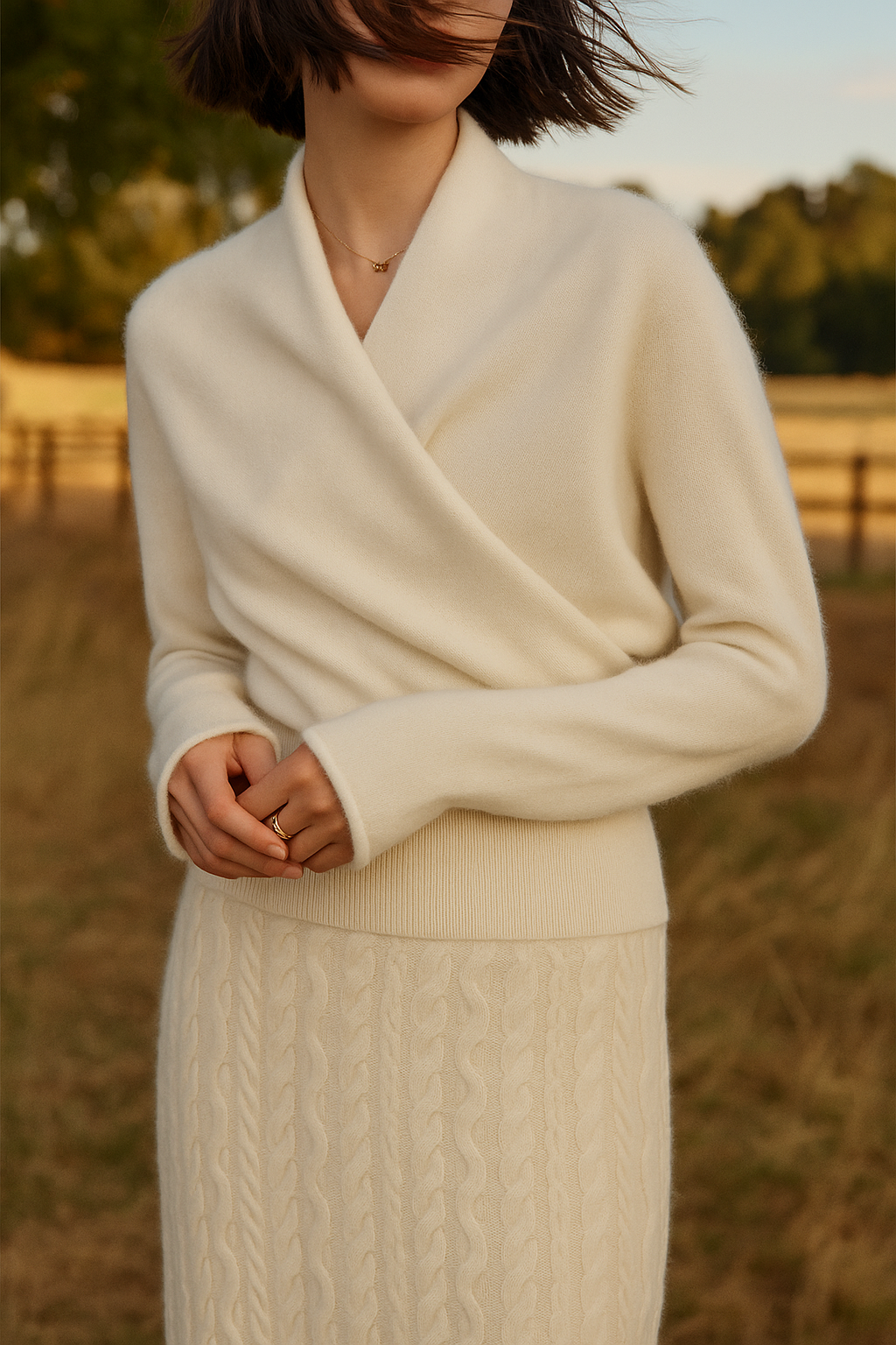 White slim-fit knit sweater featuring a crossover wrap neckline and long sleeves with ribbed hem and cuffs.