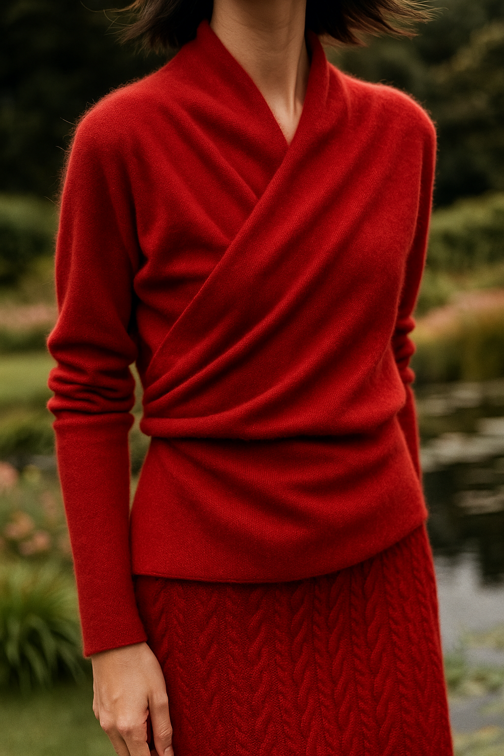 Red slim-fit knit sweater featuring a feminine crossover wrap neckline and long sleeves with ribbed cuffs.