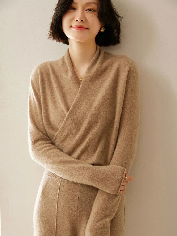 Khaki slim-fit knit sweater featuring a crossover wrap neckline and long sleeves with ribbed cuffs.