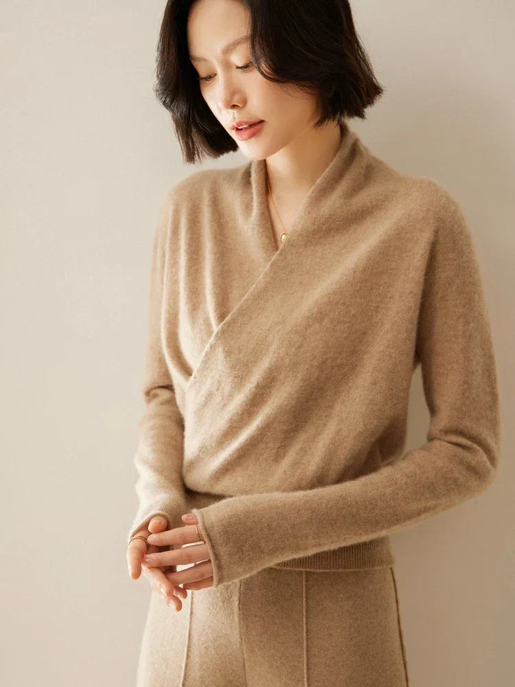 Khaki slim-fit knit sweater featuring a crossover wrap neckline and long sleeves with ribbed cuffs.