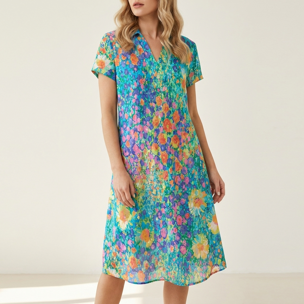 Woman wearing a multicolour boho print flowing summer dress with a V-neck, front studio view