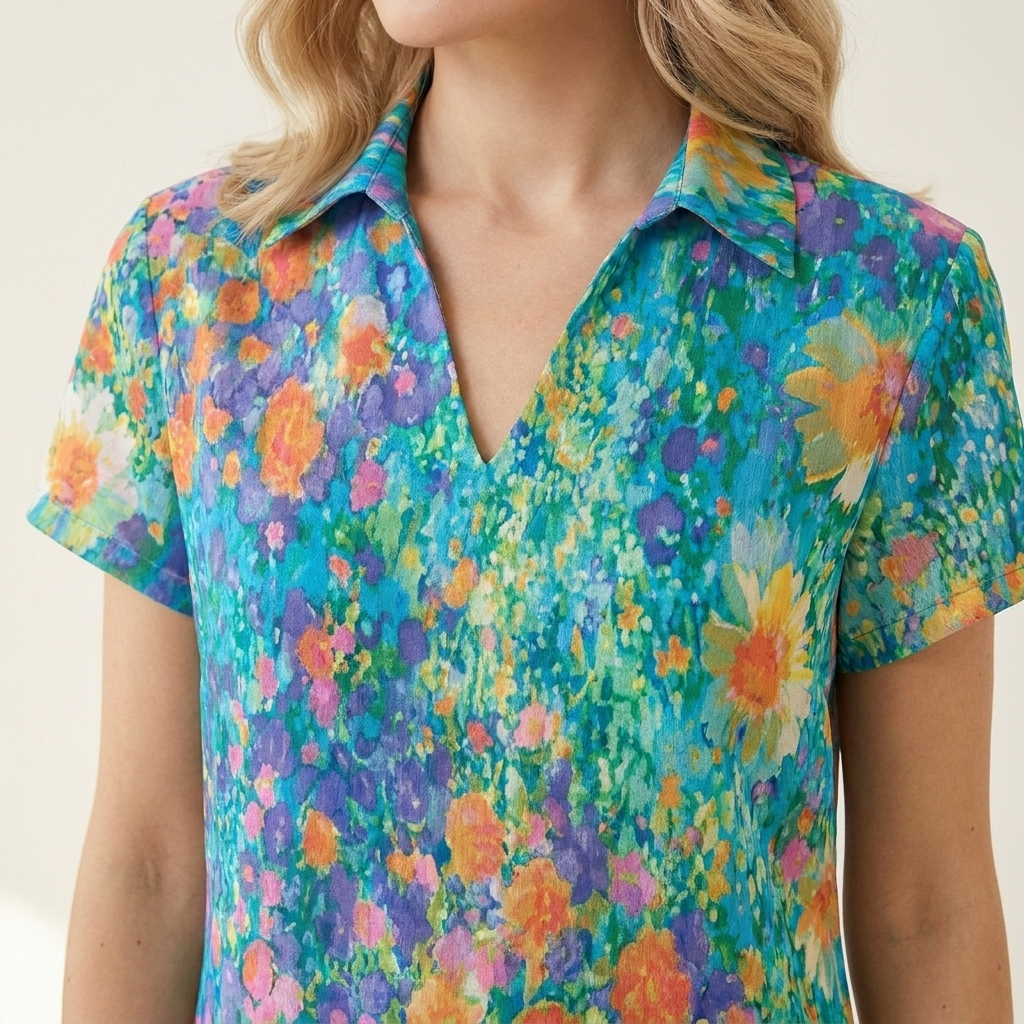Close-up of the multicolour dress V-neck and fabric print detail