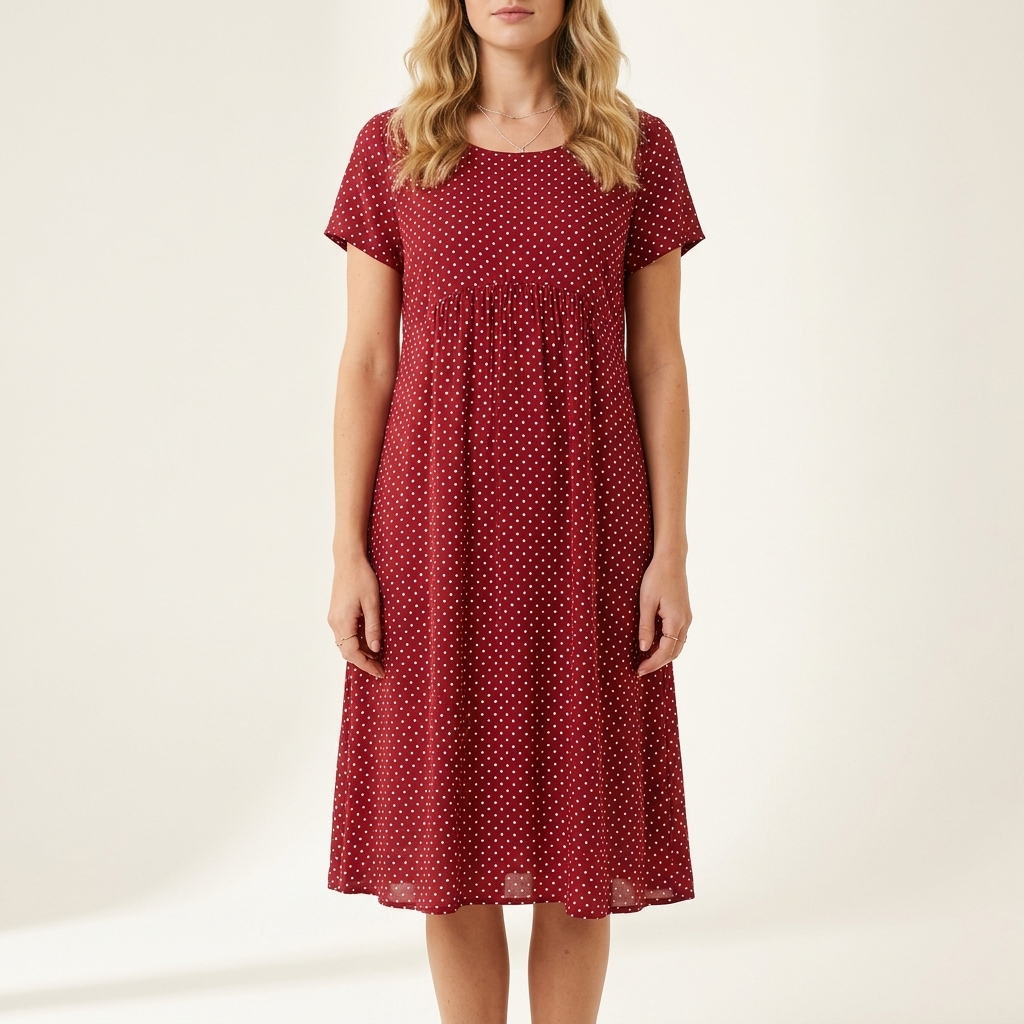 Woman wearing a red boho flowing summer dress, front studio view