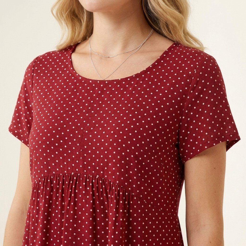 Close-up of the red dress neckline and fabric texture detail