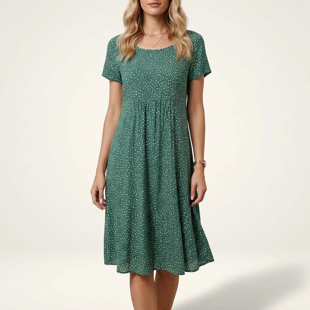Woman wearing a green boho flowing summer dress, front studio view