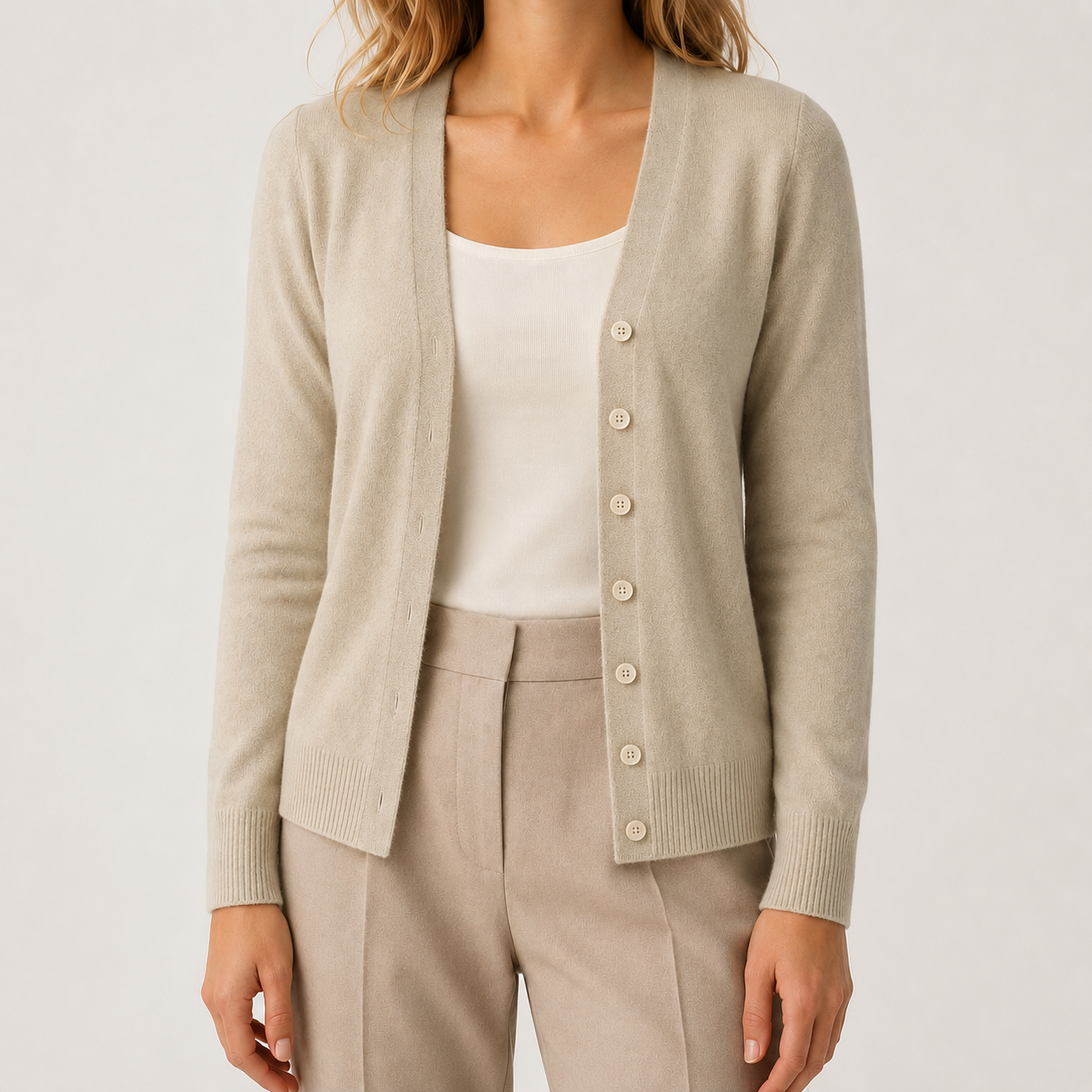 Beige V-neck button-front knit cardigan with long sleeves, ribbed cuffs, and a hip-length hem worn over a white top.