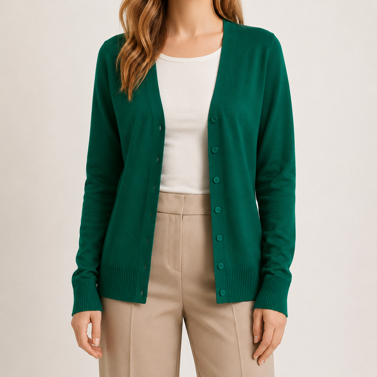 Emerald green V-neck button-front knit cardigan with ribbed cuffs and hem worn over a white top and beige trousers.