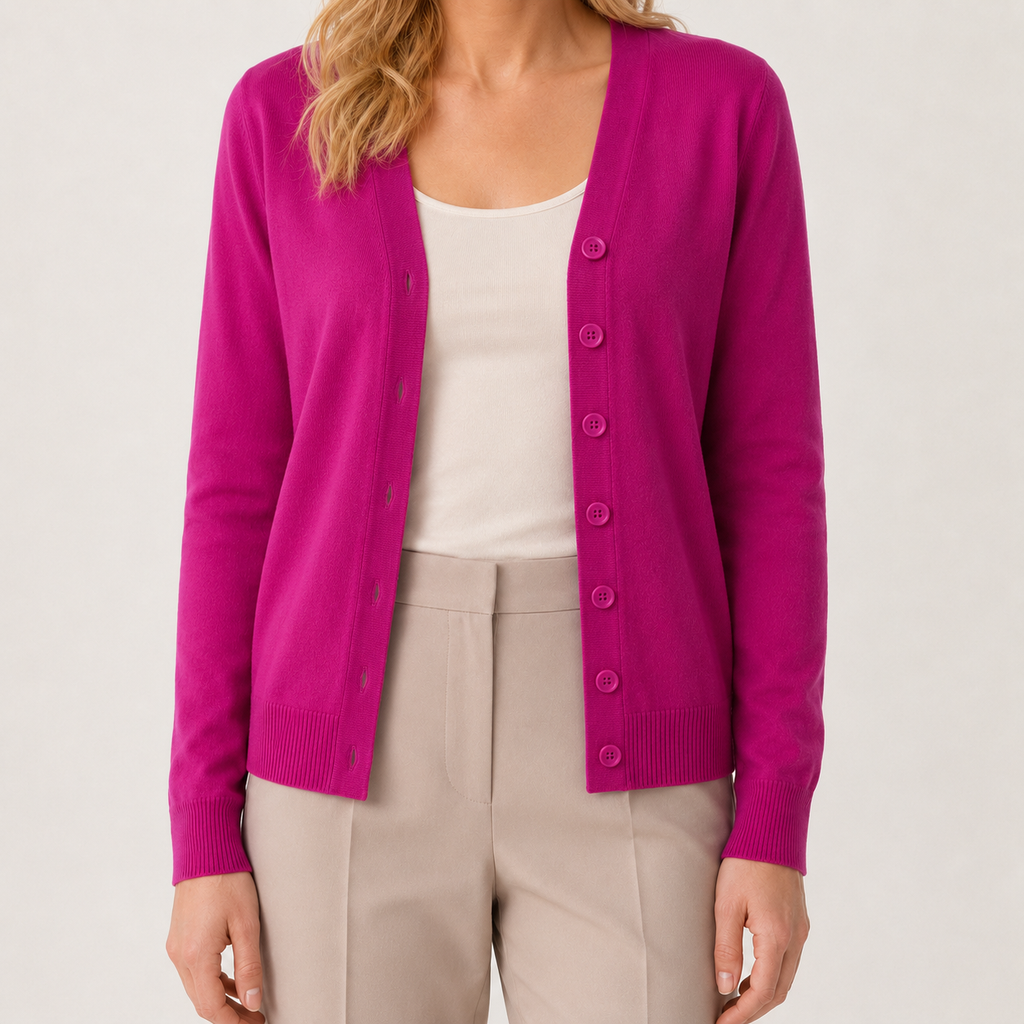 Magenta V-neck button-front cardigan in a fine knit with ribbed cuffs and hem, worn over a white top and beige trousers.