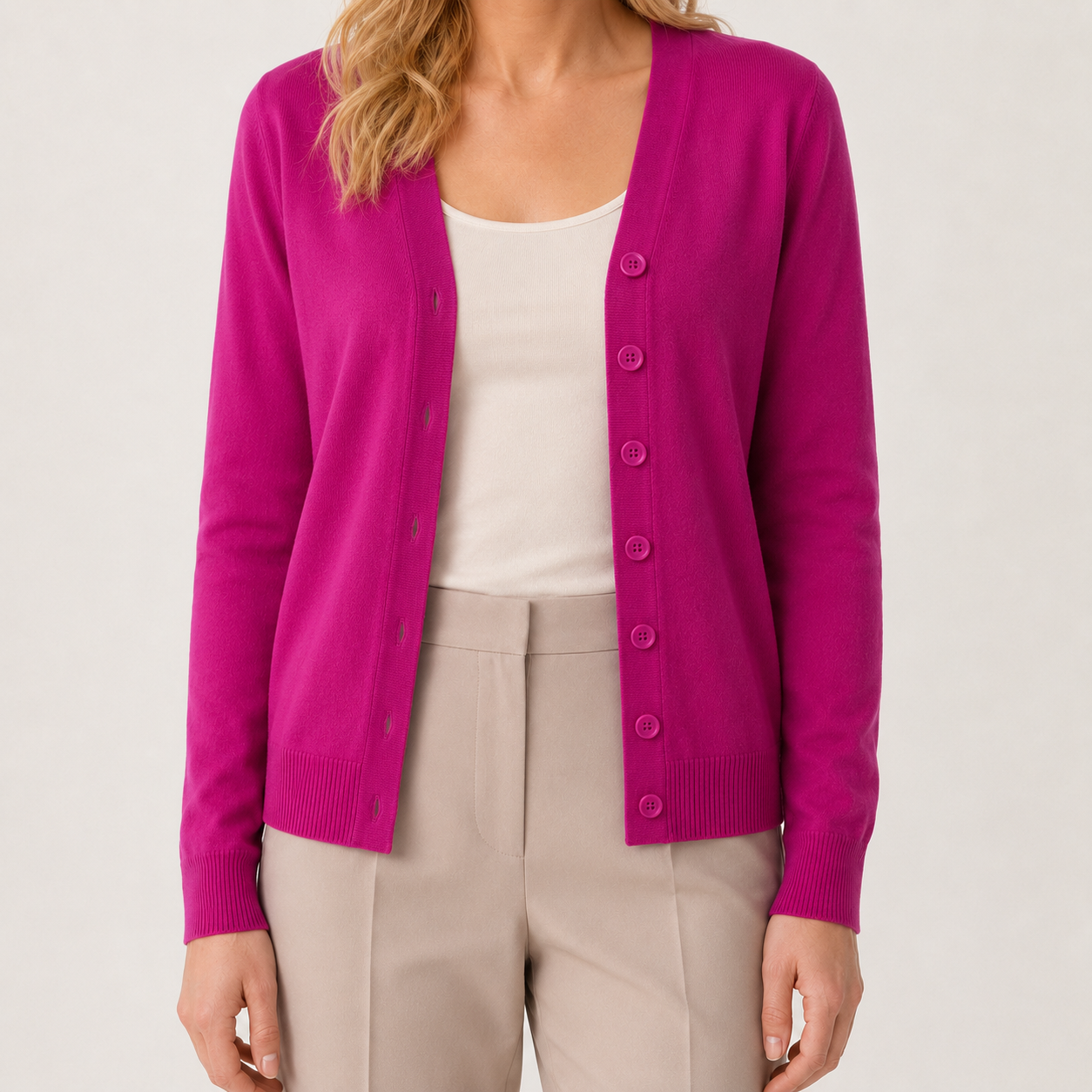 Magenta V-neck button-front cardigan in a fine knit with ribbed cuffs and hem, worn over a white top and beige trousers.