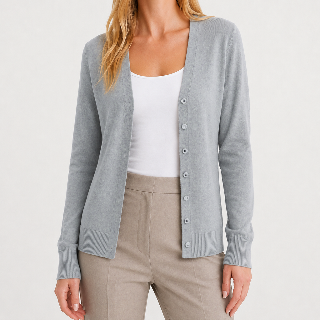 Light grey fine-knit V-neck cardigan with a button-front, long sleeves, and ribbed cuffs and hem.