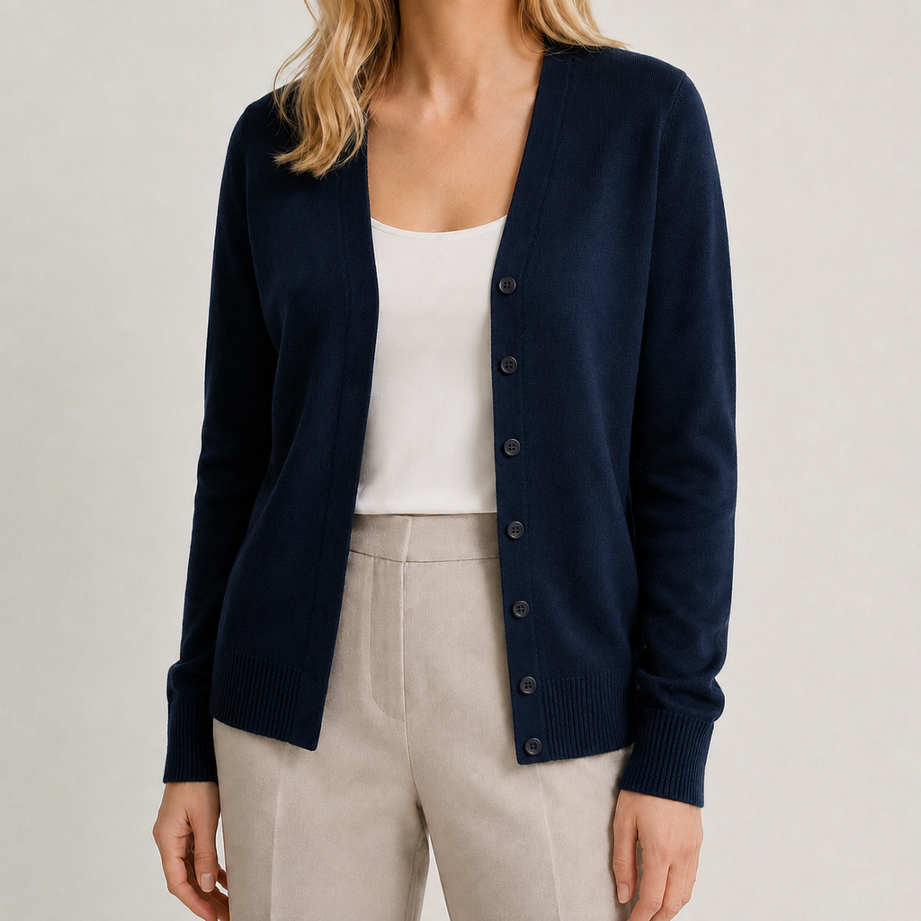 Navy blue fine-knit V-neck cardigan with a button-front, long sleeves, and ribbed cuffs worn over a white top.