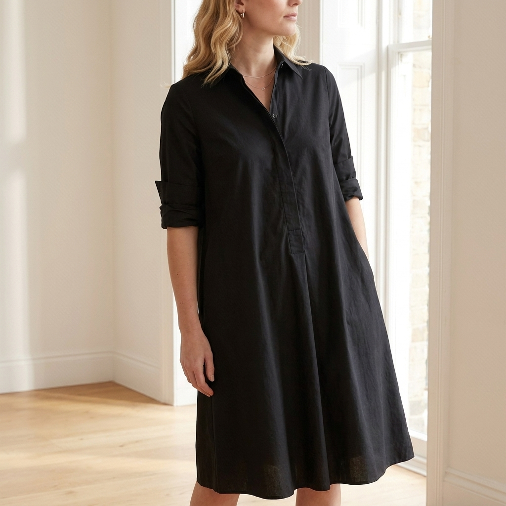 Woman wearing the black dress in a relaxed everyday lifestyle setting