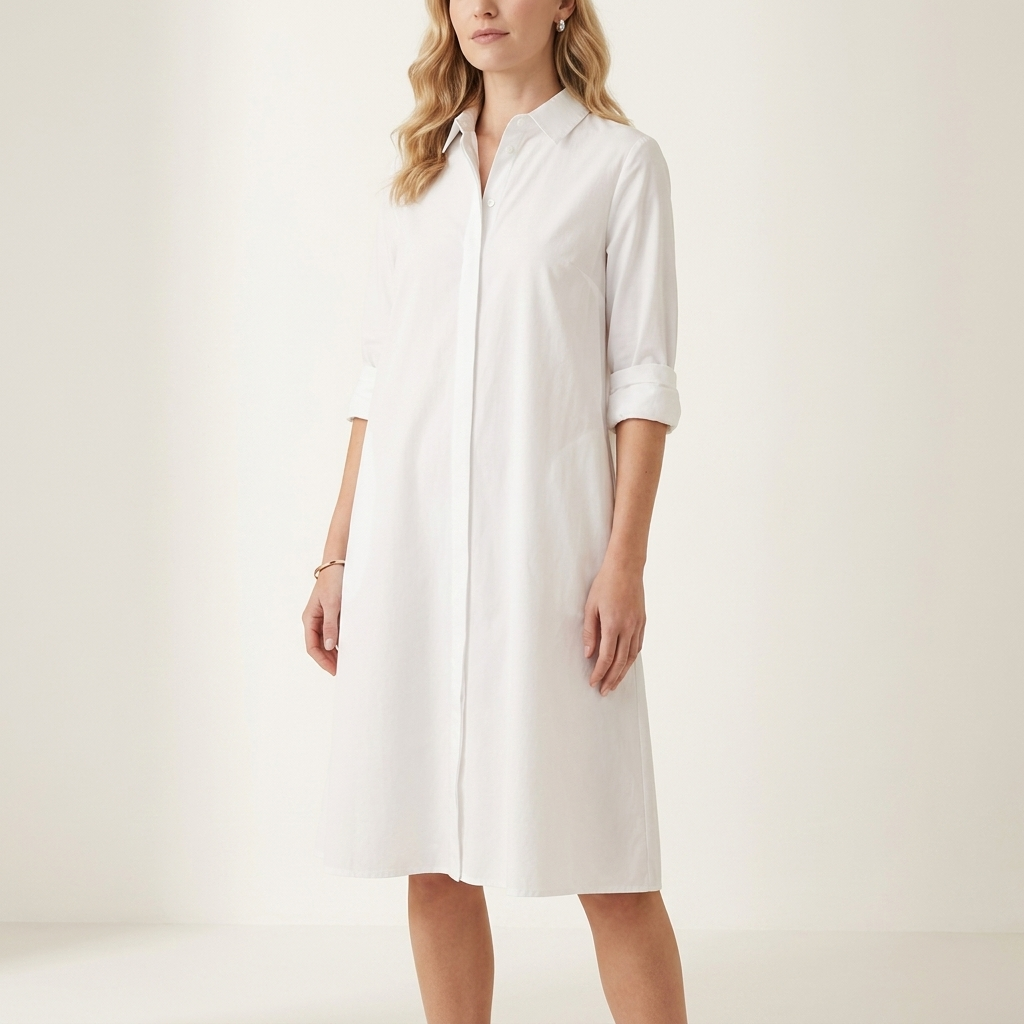 Woman wearing a white collared shirt dress with a waist-height button placket, front studio view
