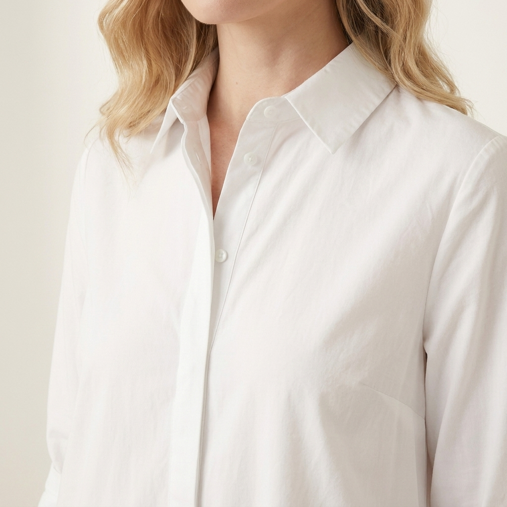 Close-up of the white dress collar and button placket detail