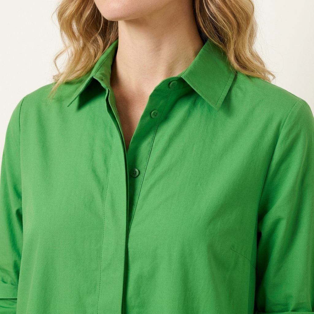 Close-up of the green dress collar and button placket detail