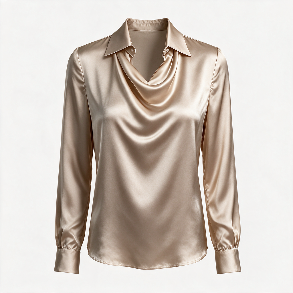 Beige draped neckline satin blouse, ghost mannequin front view