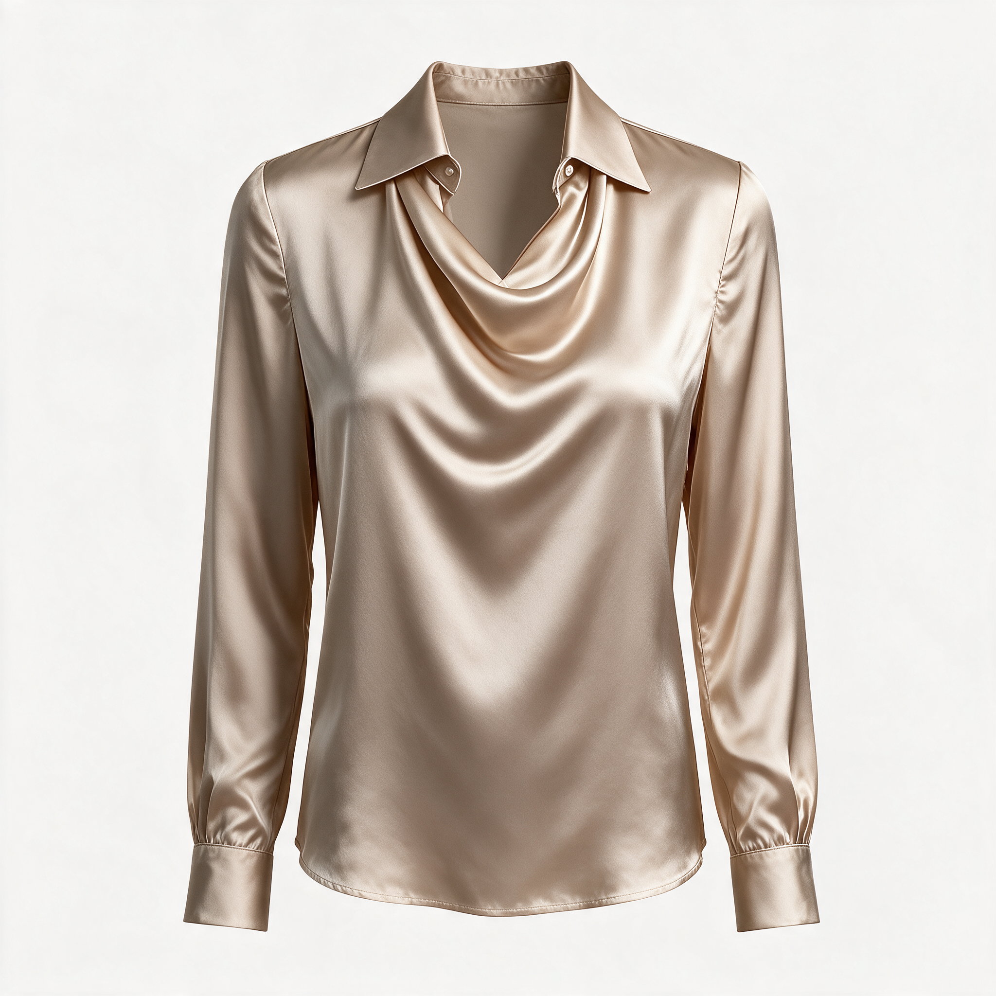 Beige draped neckline satin blouse, ghost mannequin front view