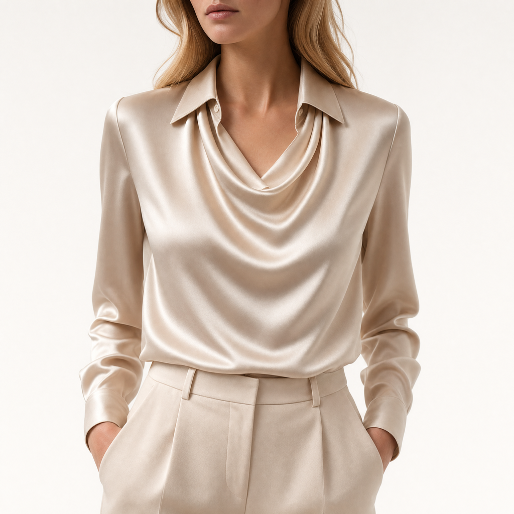 Model wearing beige draped neckline satin blouse with cream trousers