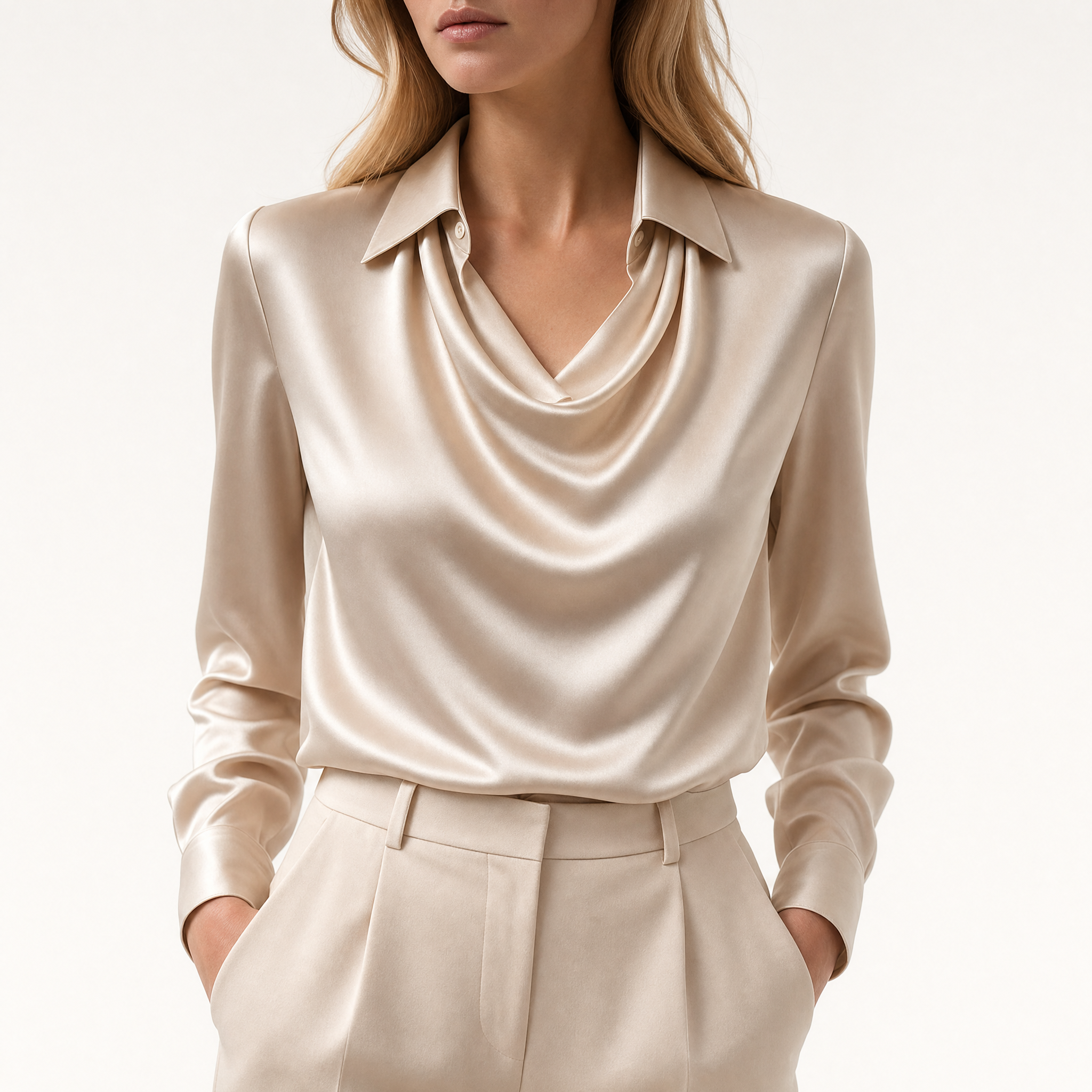 Model wearing beige draped neckline satin blouse with cream trousers