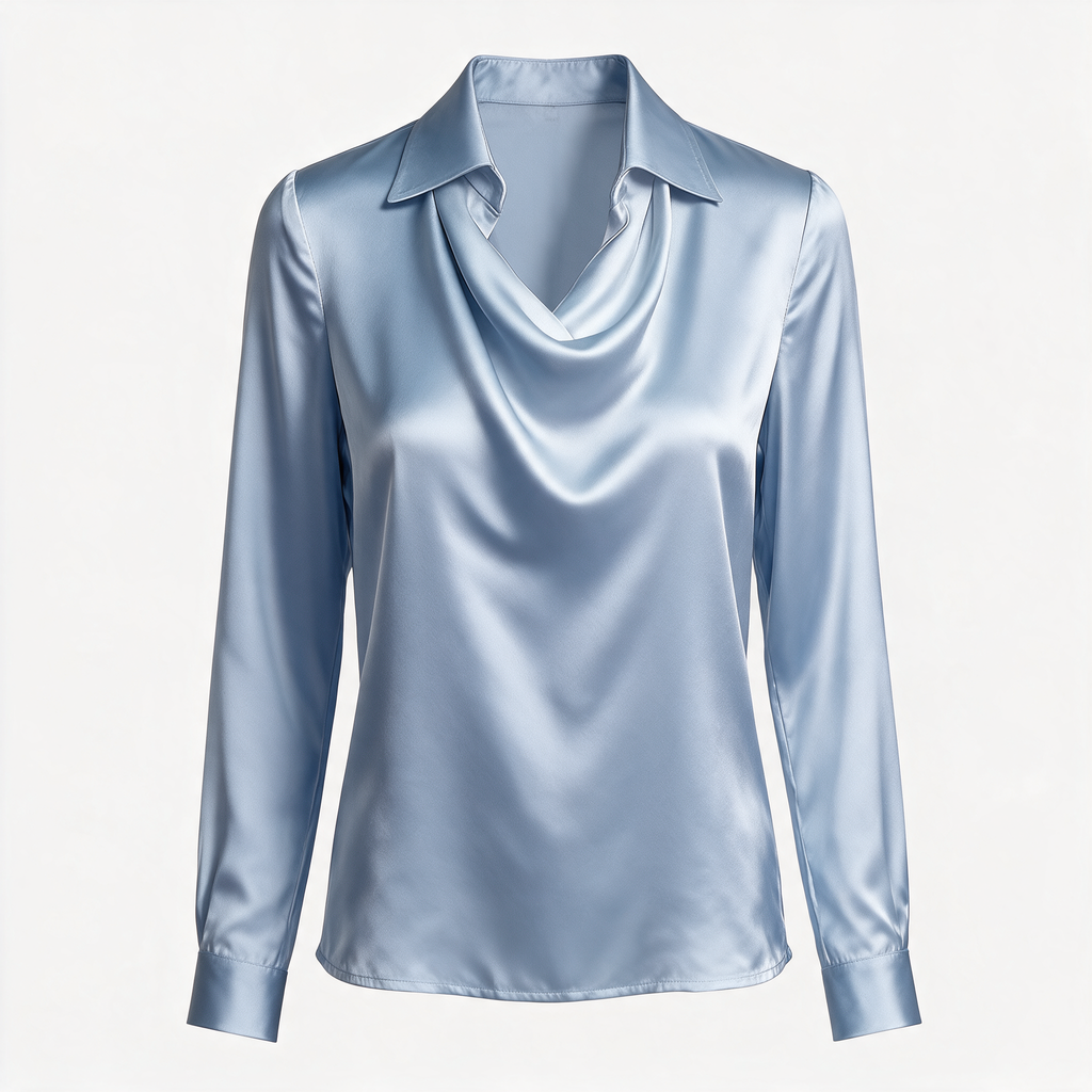 Blue draped neckline satin blouse, ghost mannequin front view