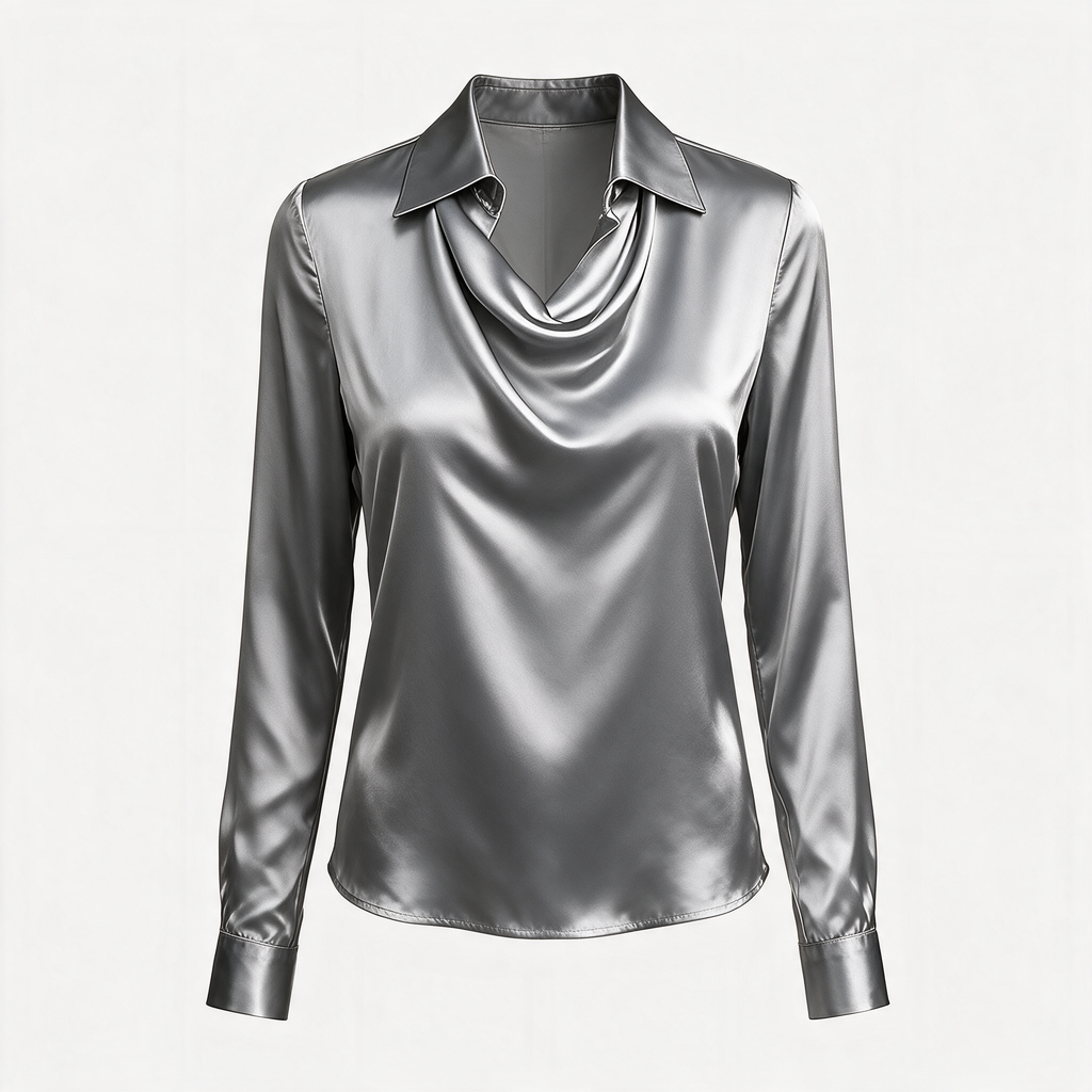 Gray draped neckline satin blouse, ghost mannequin front view