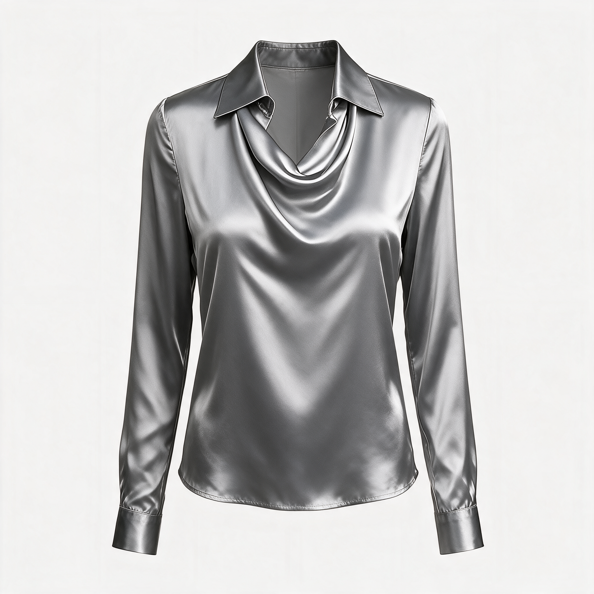 Gray draped neckline satin blouse, ghost mannequin front view