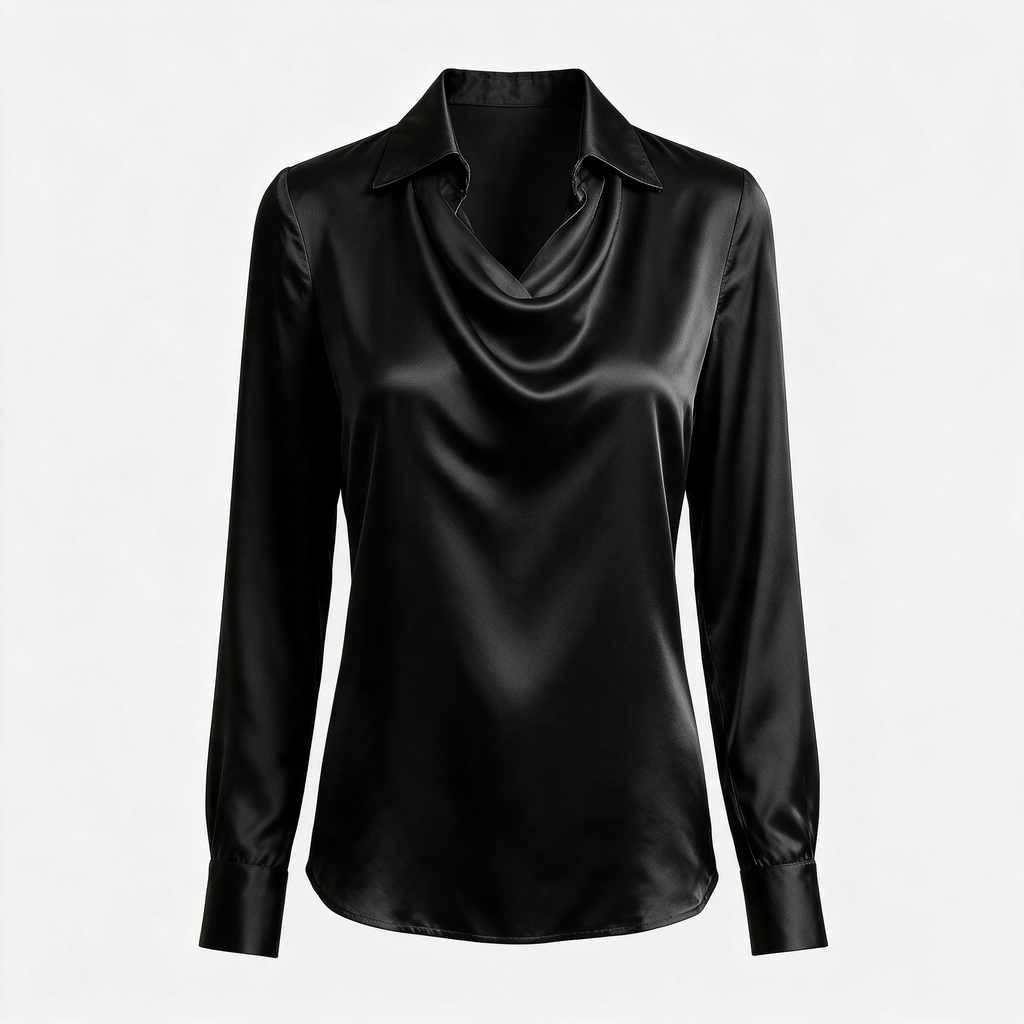 Black draped neckline satin blouse, ghost mannequin front view