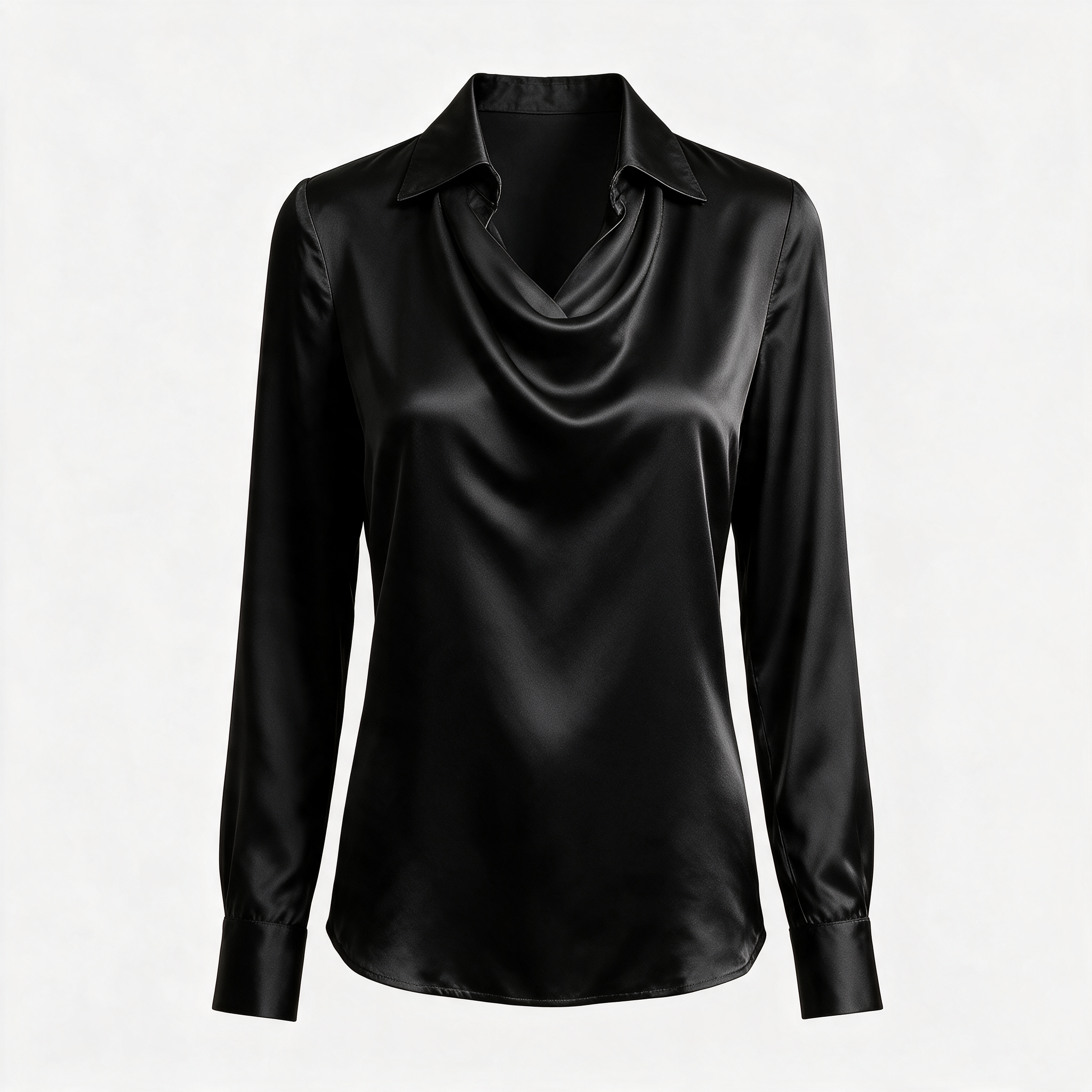 Black draped neckline satin blouse, ghost mannequin front view