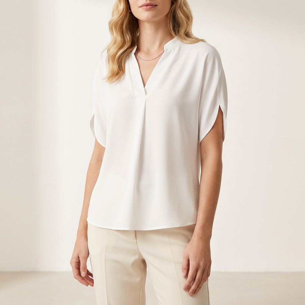 Woman wearing a white draped V-neck blouse, front studio view