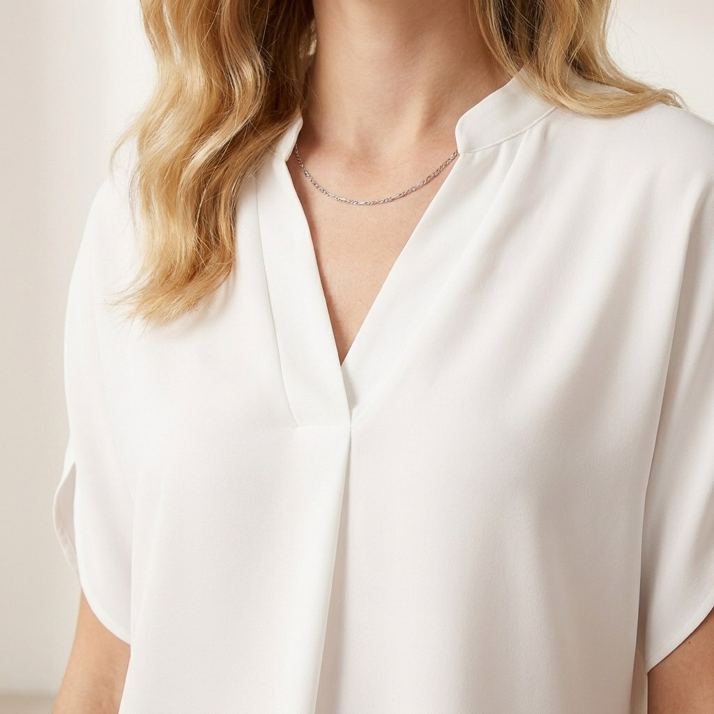 Close-up of the white blouse draped V-neckline detail