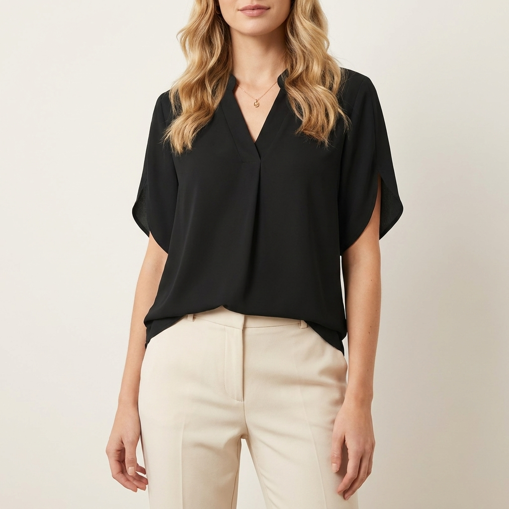 Woman wearing a black draped V-neck blouse, front studio view