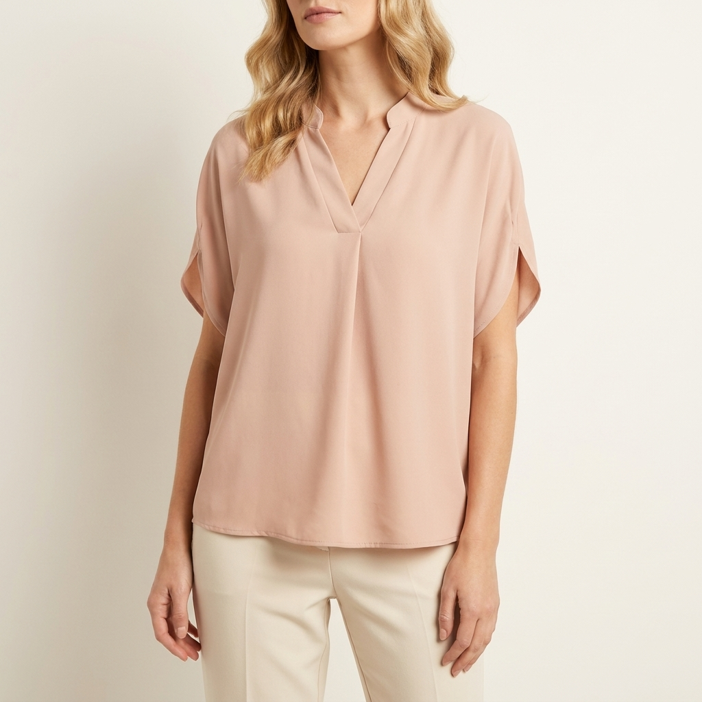 Woman wearing a beige draped V-neck blouse, front studio view