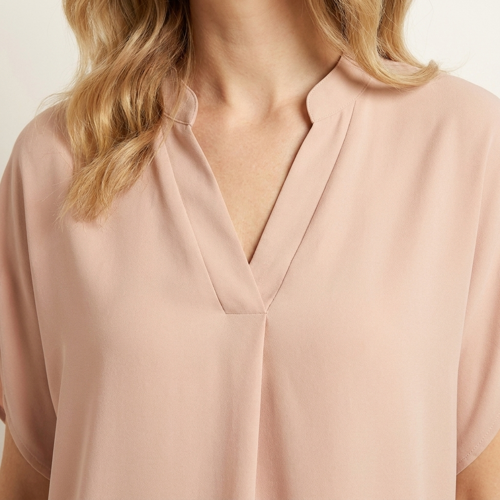 Close-up of the beige blouse draped V-neckline detail