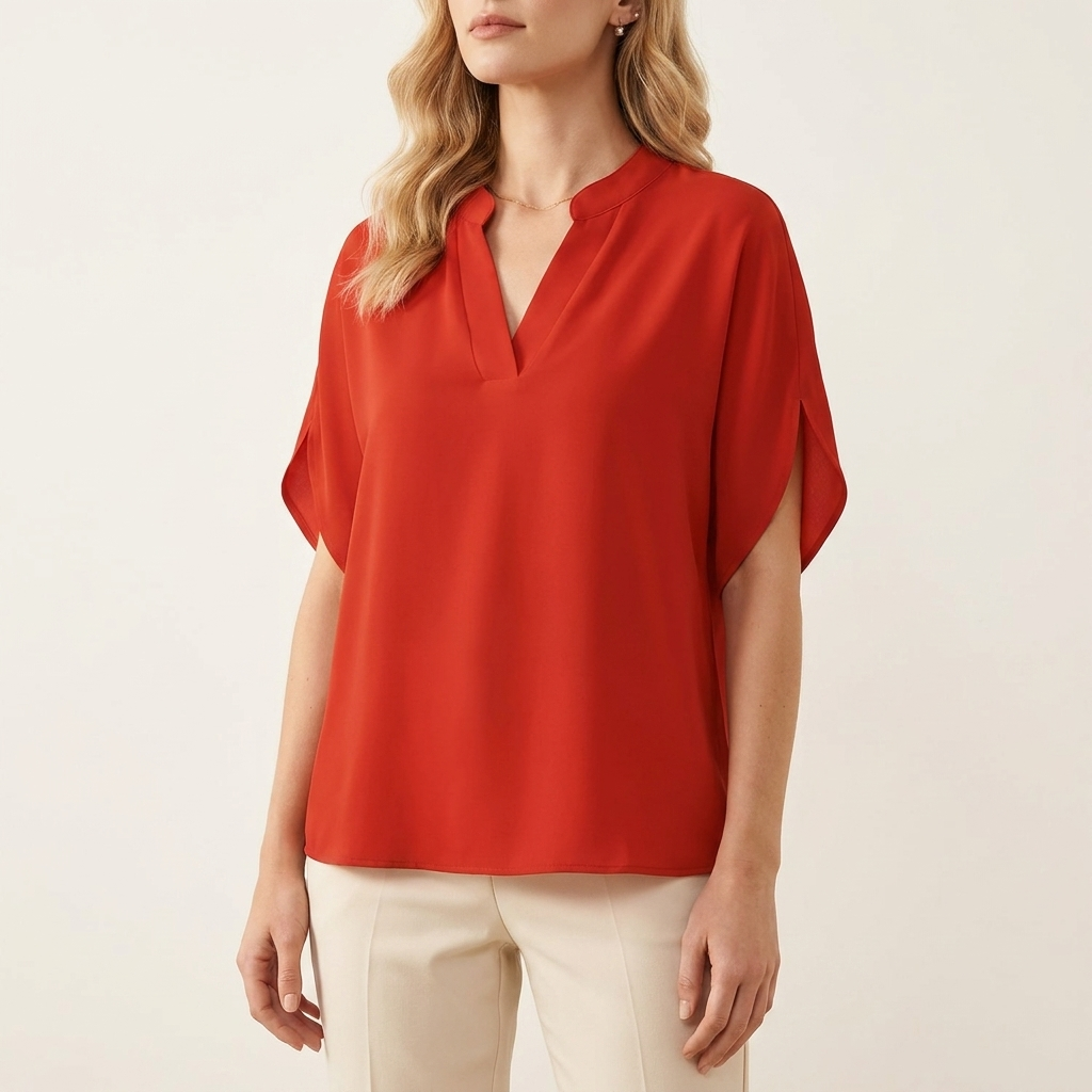 Woman wearing a red draped V-neck blouse, front studio view
