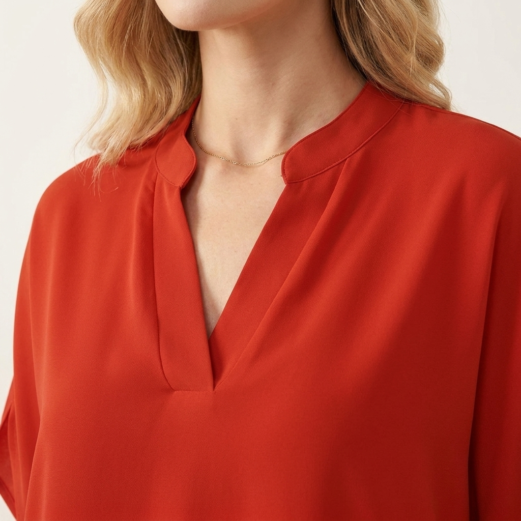 Close-up of the red blouse draped V-neckline detail