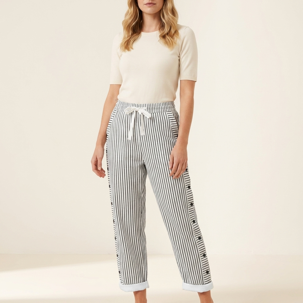 Woman wearing black elasticated drawstring trousers with side button detail and rolled-up hem, front studio view