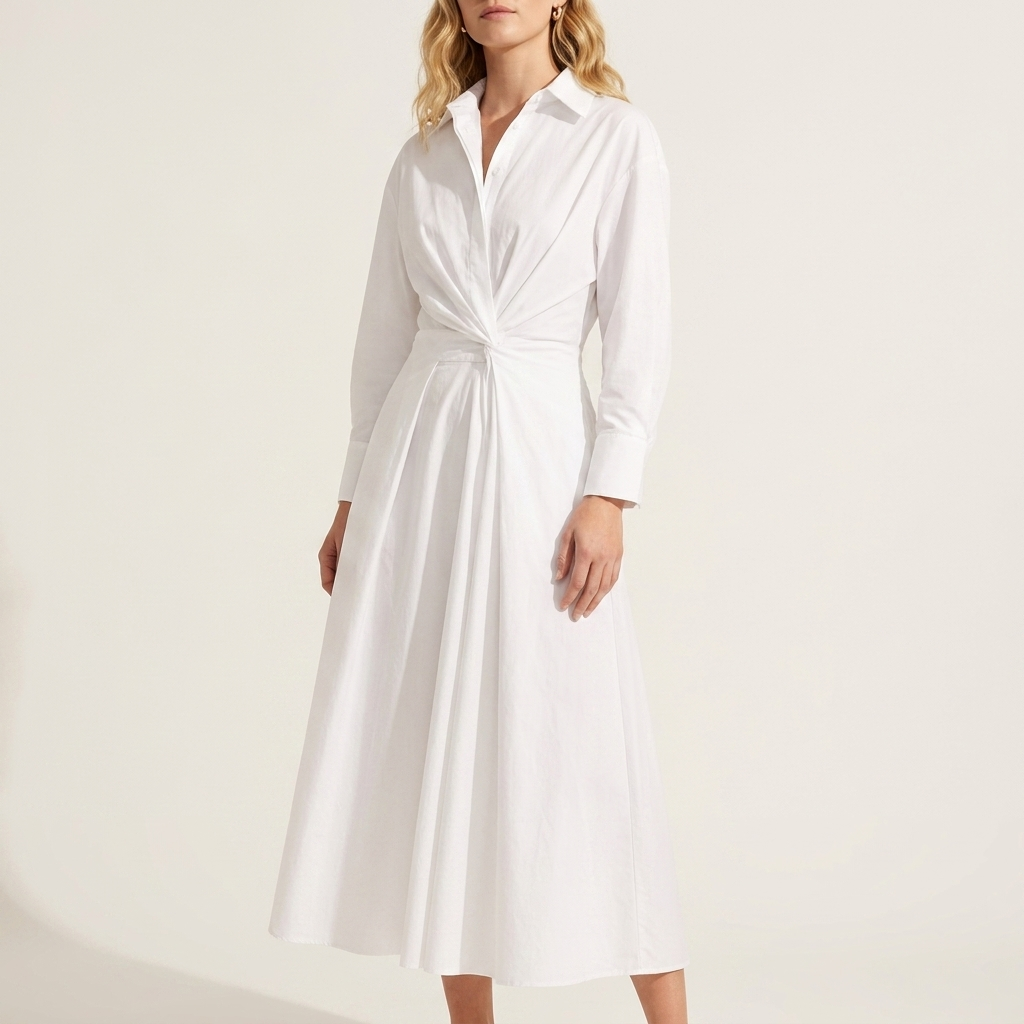 Woman wearing a white front wrap maxi dress with a collared neckline and single waist button, front studio view