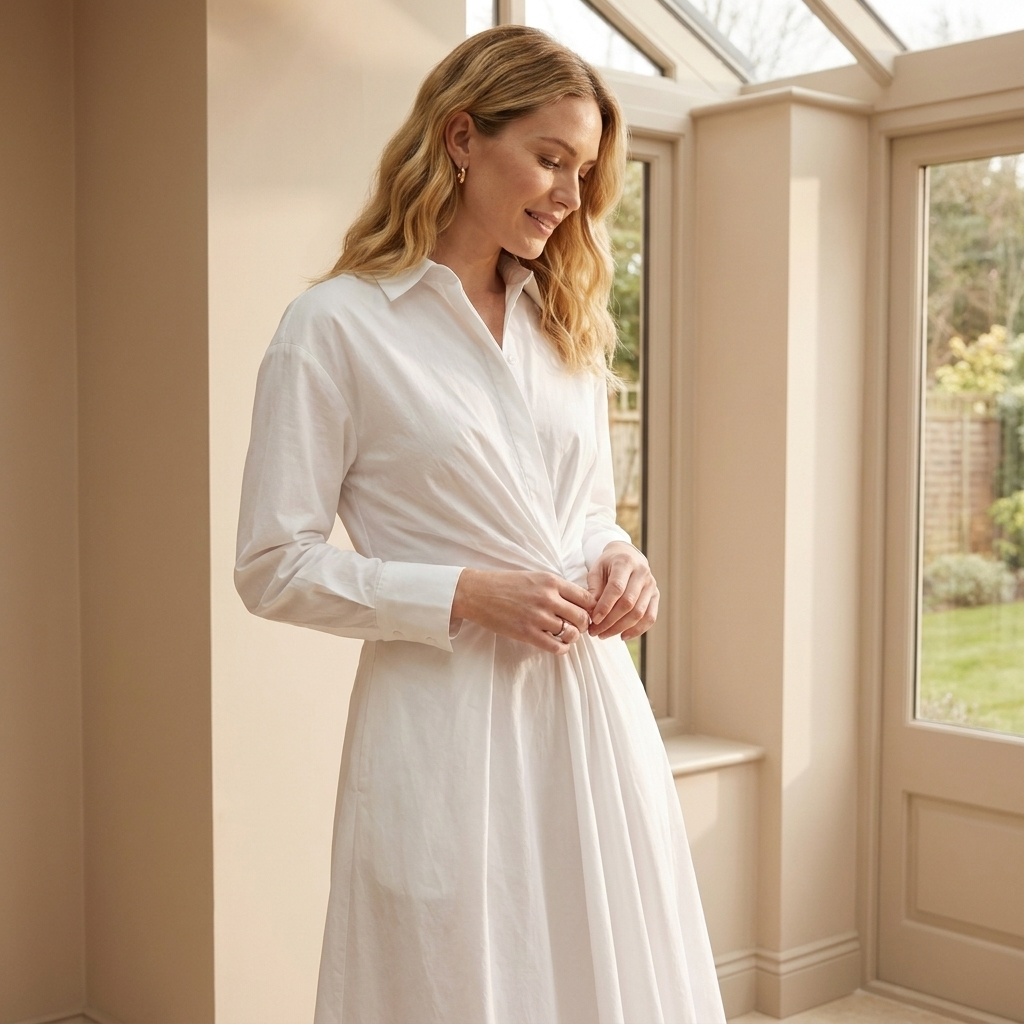 Woman wearing the white maxi dress in a relaxed everyday lifestyle setting