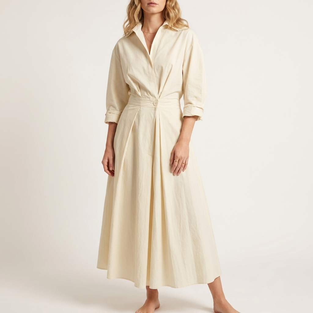 Woman wearing an apricot front wrap maxi dress with a collared neckline and single waist button, front studio view