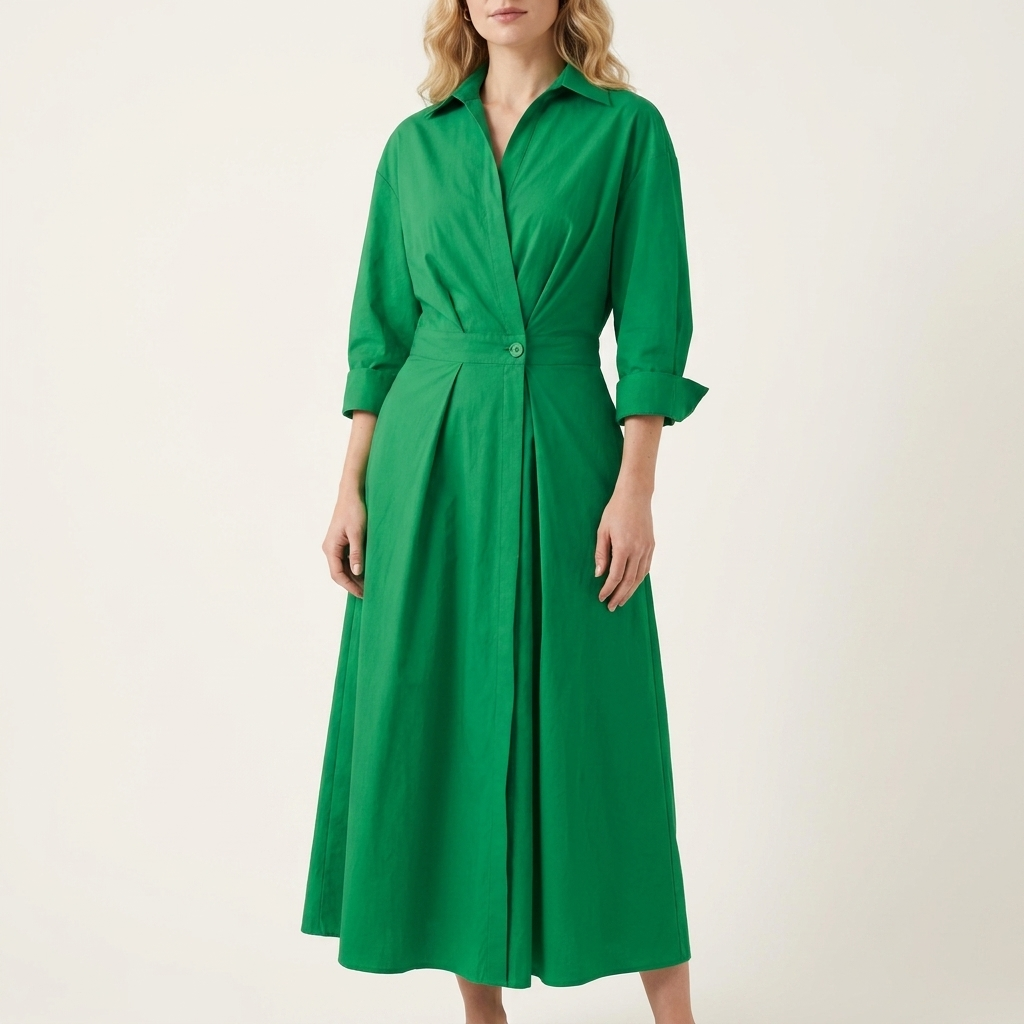 Woman wearing a green front wrap maxi dress with a collared neckline and single waist button, front studio view