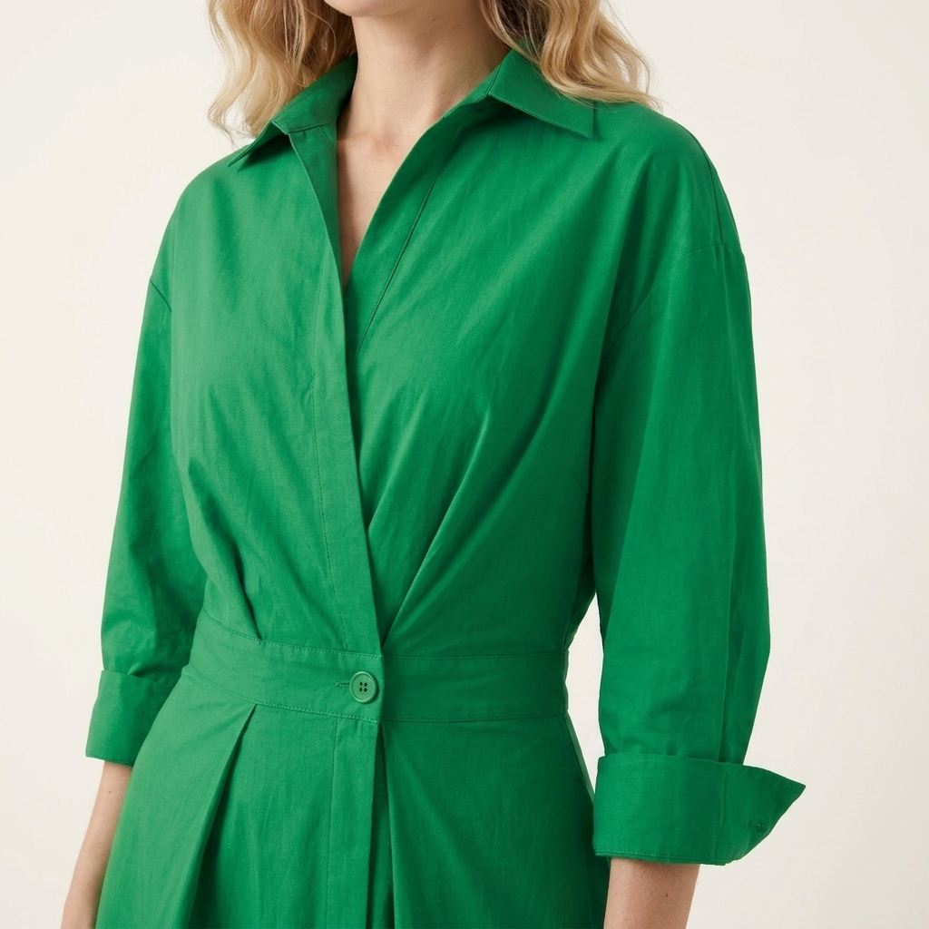 Close-up of the green dress collar, wrap front and single waist button