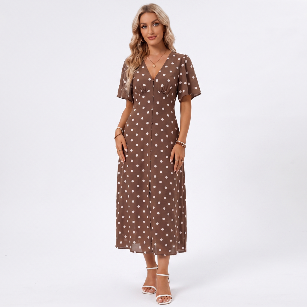 Polka Dot Button-Front Midi Dress